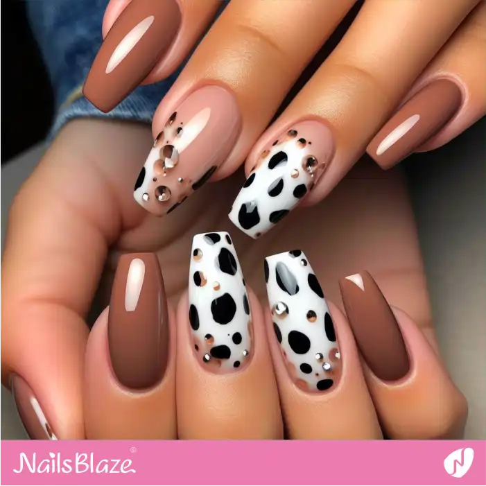 Embellished Brown Nails with Dalmatian Pattern | Animal Print Nails - NB1985